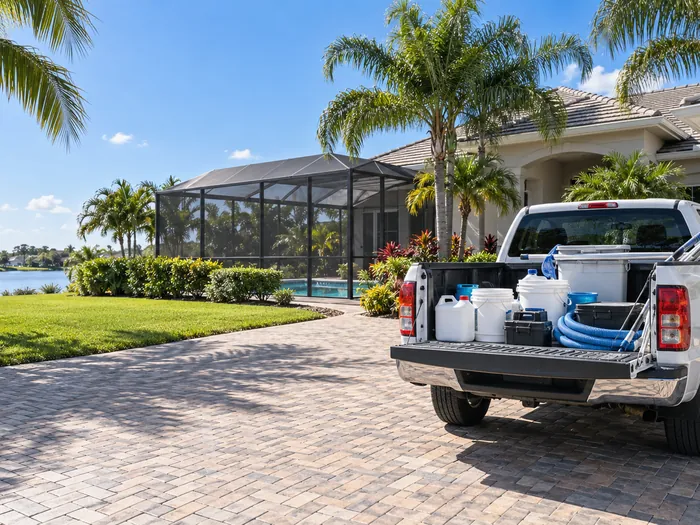 Pool technician cleaning a screened backyard pool in Central Florida