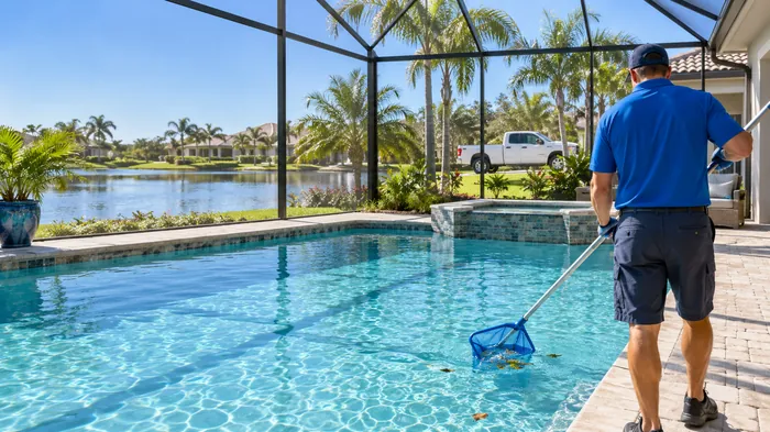 Pool technician skimming a screened backyard pool in DeBary Florida
