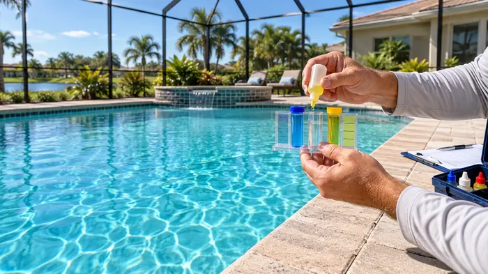 Pool water test kit with clear blue water in the background