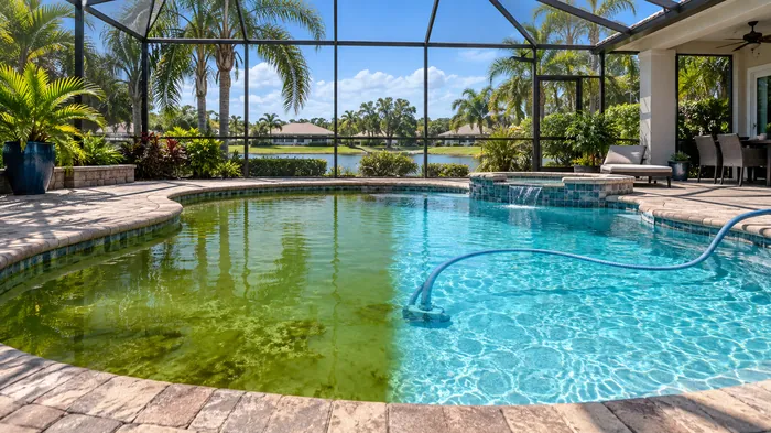 Green algae filled swimming pool before cleanup