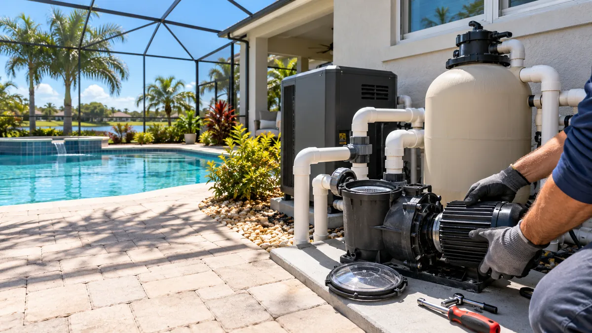 Pool pump and filter on an equipment pad beside a Florida home