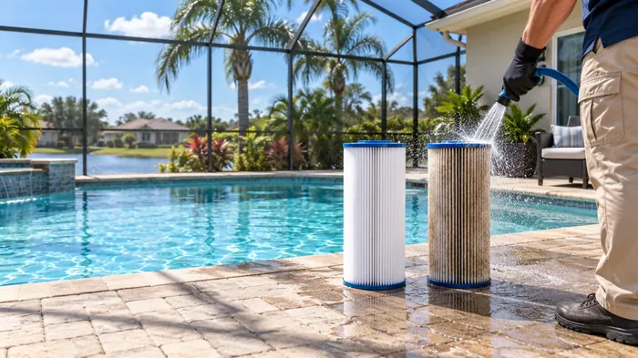 Pool cartridge filter being rinsed clean beside the equipment pad