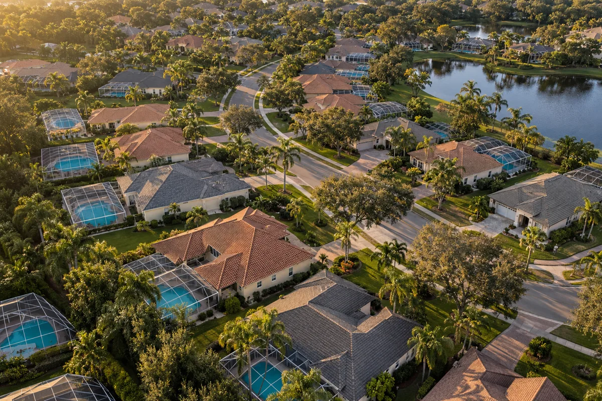 Aerial view of a Central Florida neighborhood with screened backyard pools in late afternoon light